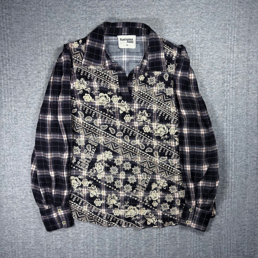 Savanna Jane Embroidered Plaid Flannel Blouse Top Floral Women’s Med Black Boho